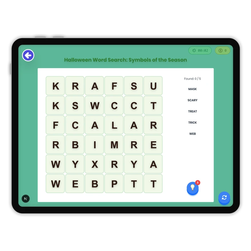 Halloween Word Search: Symbols of the Season — ela game for Grade K, Grade 1, Grade 2, Grade 3, Grade 4, Grade 5, Grade 6, Grade 7, Grade 8, page 1 of 1