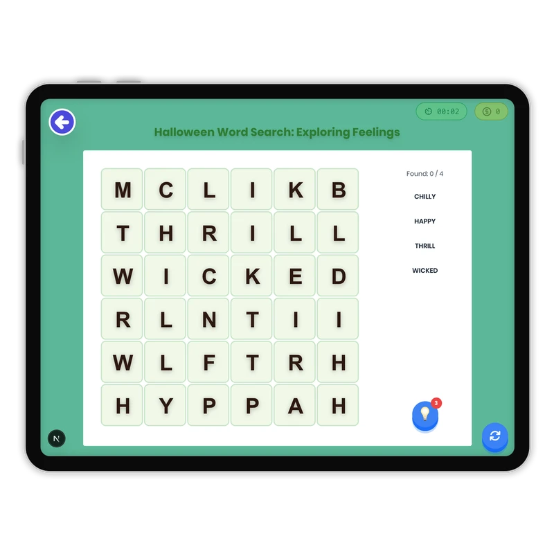 Halloween Word Search: Exploring Feelings — ela game for Grade K, Grade 1, Grade 2, Grade 3, Grade 4, Grade 5, Grade 6, Grade 7, Grade 8, page 1 of 1