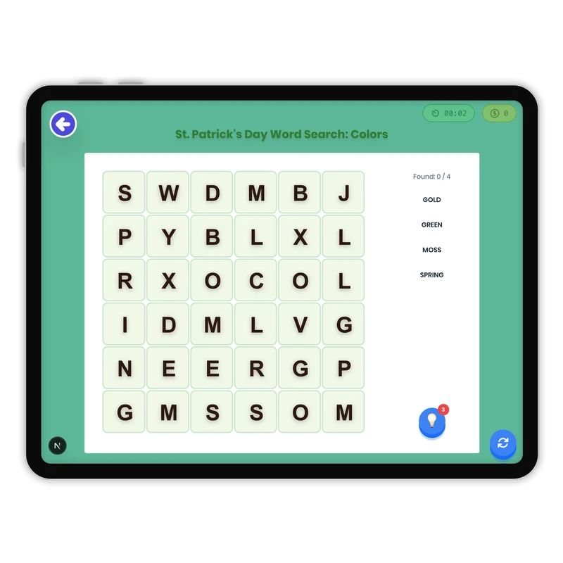 St. Patrick's Day Word Search: Colors — ela game for Grade K, Grade 1, Grade 2, Grade 3, Grade 4, Grade 5, Grade 6, Grade 7, Grade 8, page 1 of 1