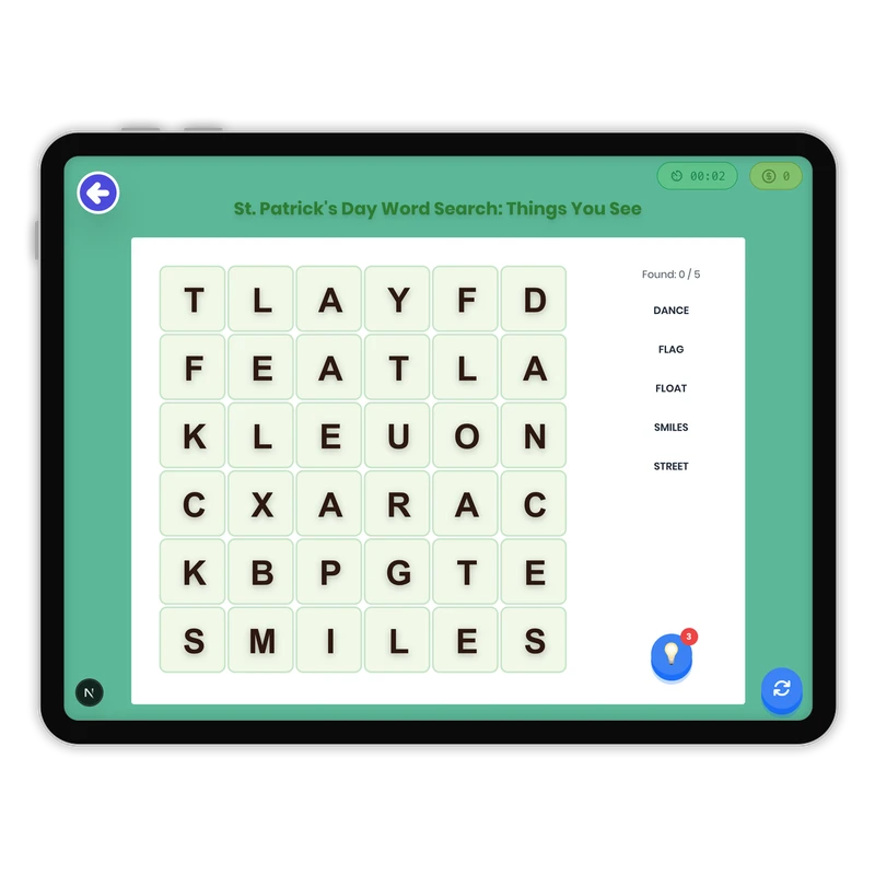 St. Patrick's Day Word Search: Things You See — ela game for Grade K, Grade 1, Grade 2, Grade 3, Grade 4, Grade 5, Grade 6, Grade 7, Grade 8, page 1 of 1