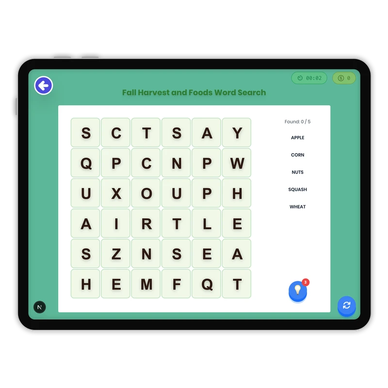 Fall Harvest and Foods Word Search — ela game for Grade K, Grade 1, Grade 2, Grade 3, Grade 4, Grade 5, Grade 6, Grade 7, Grade 8, page 1 of 1