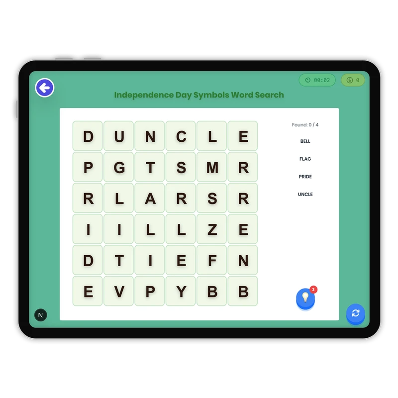 Independence Day Symbols Word Search — ela game for Grade K, Grade 1, Grade 2, Grade 3, Grade 4, Grade 5, Grade 6, Grade 7, Grade 8, page 1 of 1