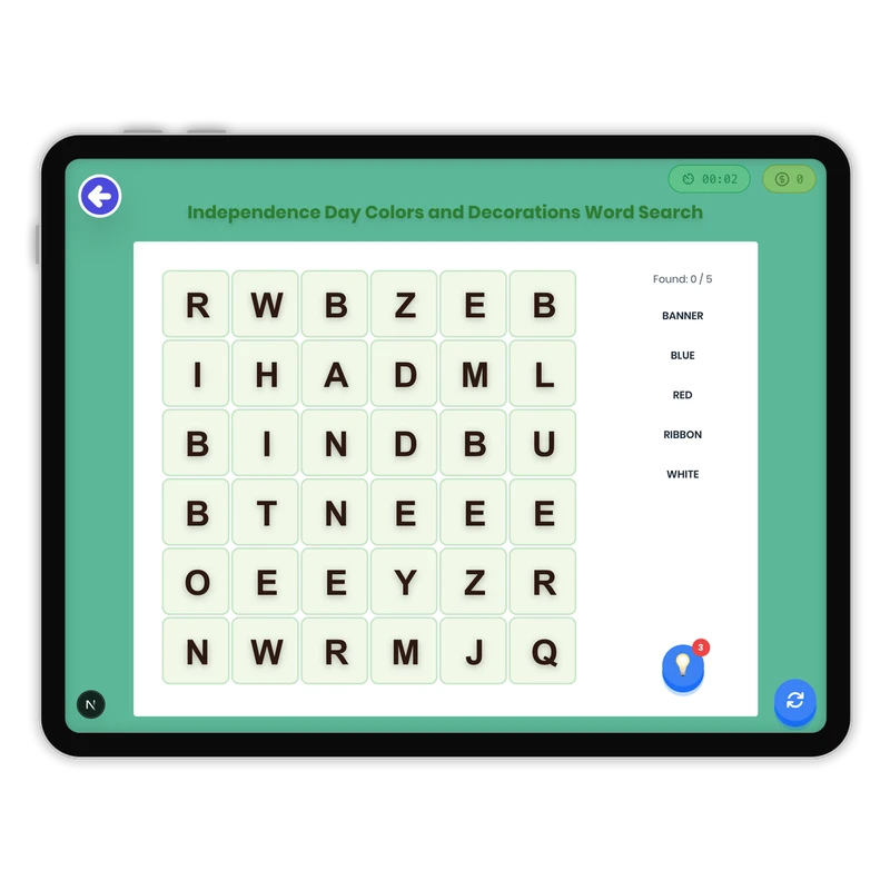 Independence Day Colors and Decorations Word Search — ela game for Grade K, Grade 1, Grade 2, Grade 3, Grade 4, Grade 5, Grade 6, Grade 7, Grade 8, page 1 of 1