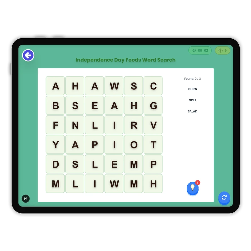 Independence Day Foods Word Search — ela game for Grade K, Grade 1, Grade 2, Grade 3, Grade 4, Grade 5, Grade 6, Grade 7, Grade 8, page 1 of 1