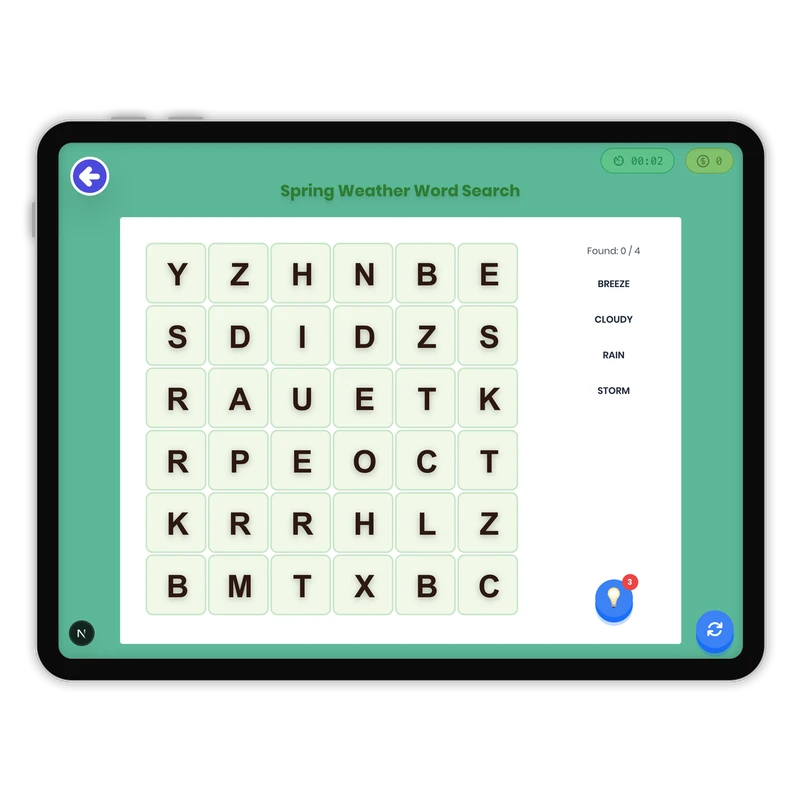 Spring Weather Word Search — ela game for Grade K, Grade 1, Grade 2, Grade 3, Grade 4, Grade 5, Grade 6, Grade 7, Grade 8, page 1 of 1