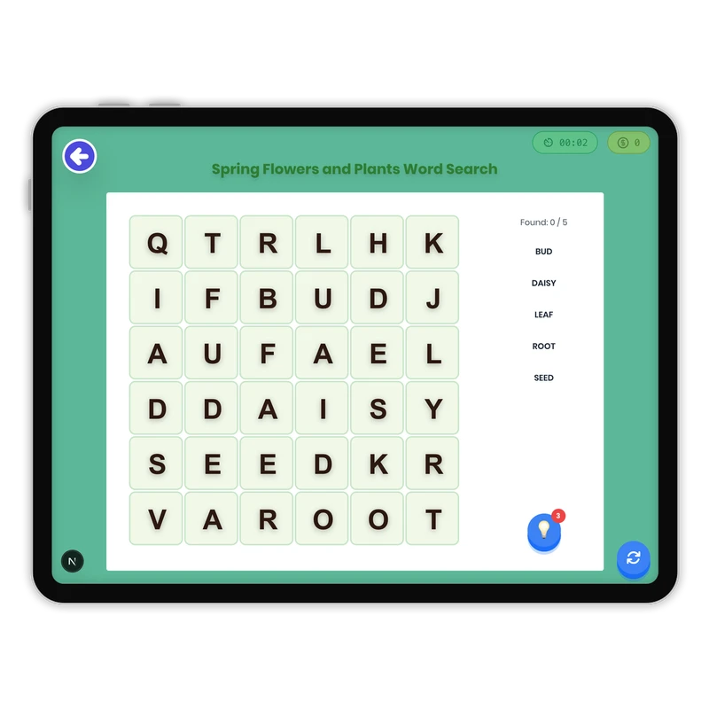 Spring Flowers and Plants Word Search — ela game for Grade K, Grade 1, Grade 2, Grade 3, Grade 4, Grade 5, Grade 6, Grade 7, Grade 8, page 1 of 1