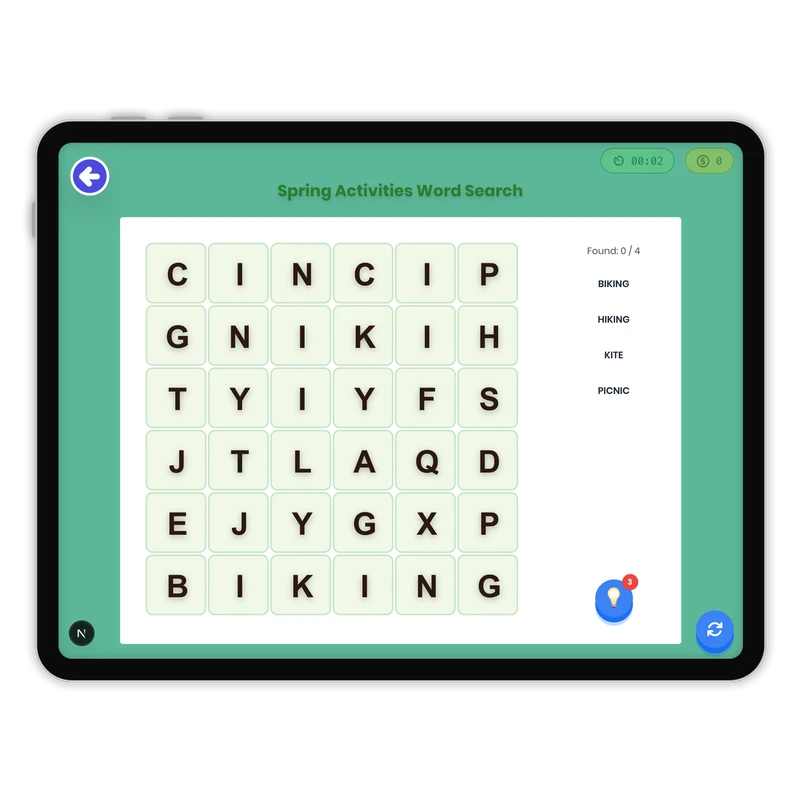 Spring Activities Word Search — ela game for Grade K, Grade 1, Grade 2, Grade 3, Grade 4, Grade 5, Grade 6, Grade 7, Grade 8, page 1 of 1
