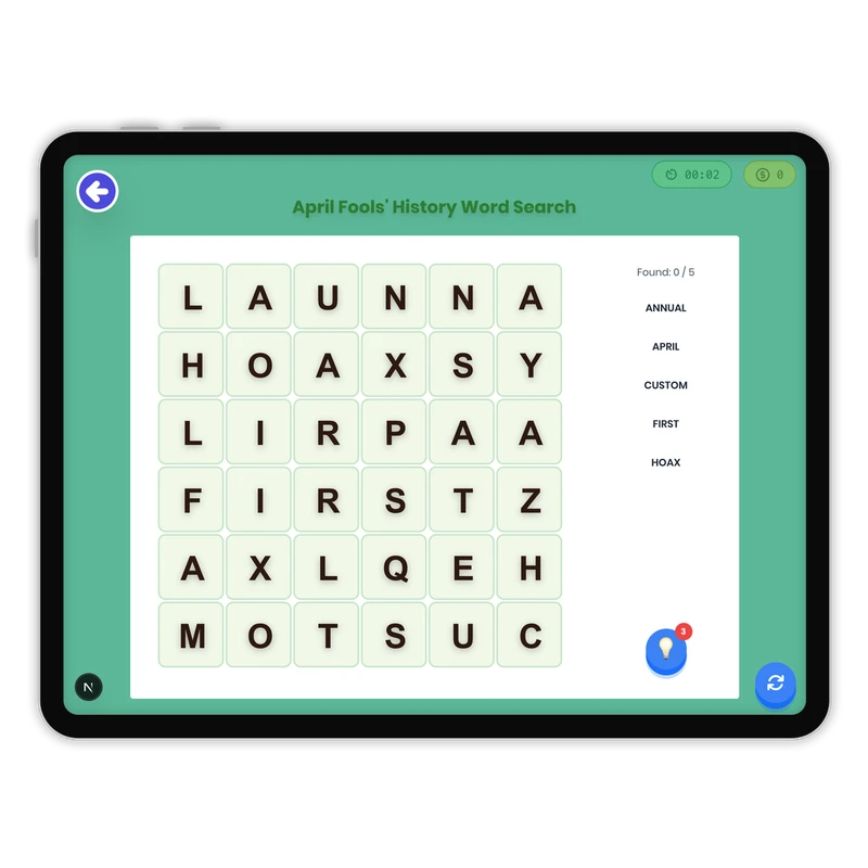 April Fools' History Word Search — ela game for Grade K, Grade 1, Grade 2, Grade 3, Grade 4, Grade 5, Grade 6, Grade 7, Grade 8, page 1 of 1