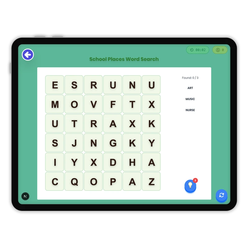 School Places Word Search — ela game for Grade K, Grade 1, Grade 2, Grade 3, Grade 4, Grade 5, Grade 6, Grade 7, Grade 8, page 1 of 1