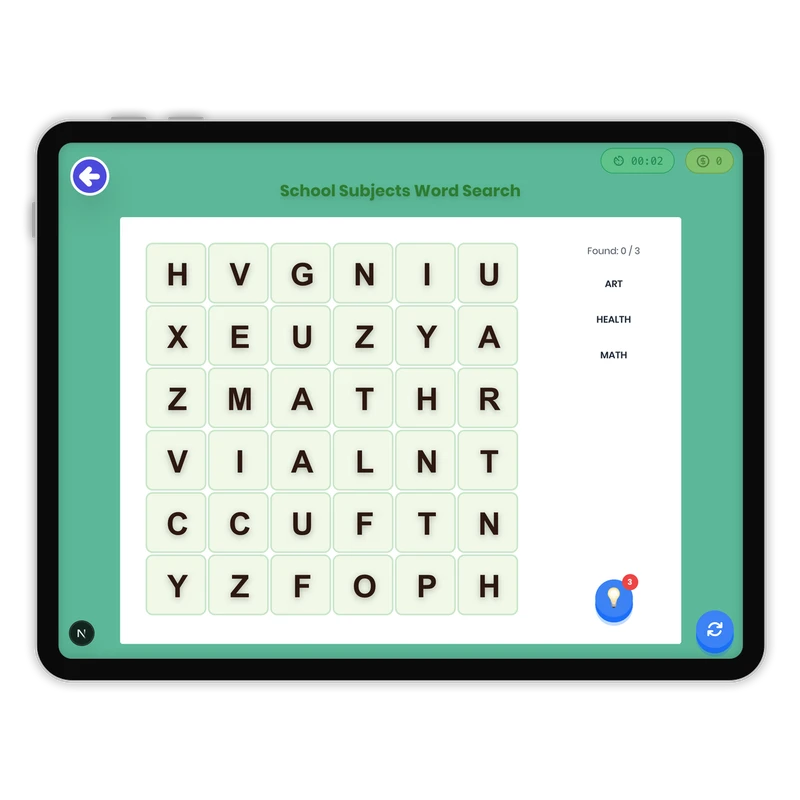 School Subjects Word Search — ela game for Grade K, Grade 1, Grade 2, Grade 3, Grade 4, Grade 5, Grade 6, Grade 7, Grade 8, page 1 of 1