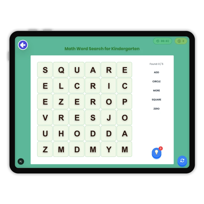 Math Word Search for Kindergarten — ela game for Grade K, Grade 1, Grade 2, Grade 3, Grade 4, Grade 5, Grade 6, Grade 7, Grade 8, page 1 of 1