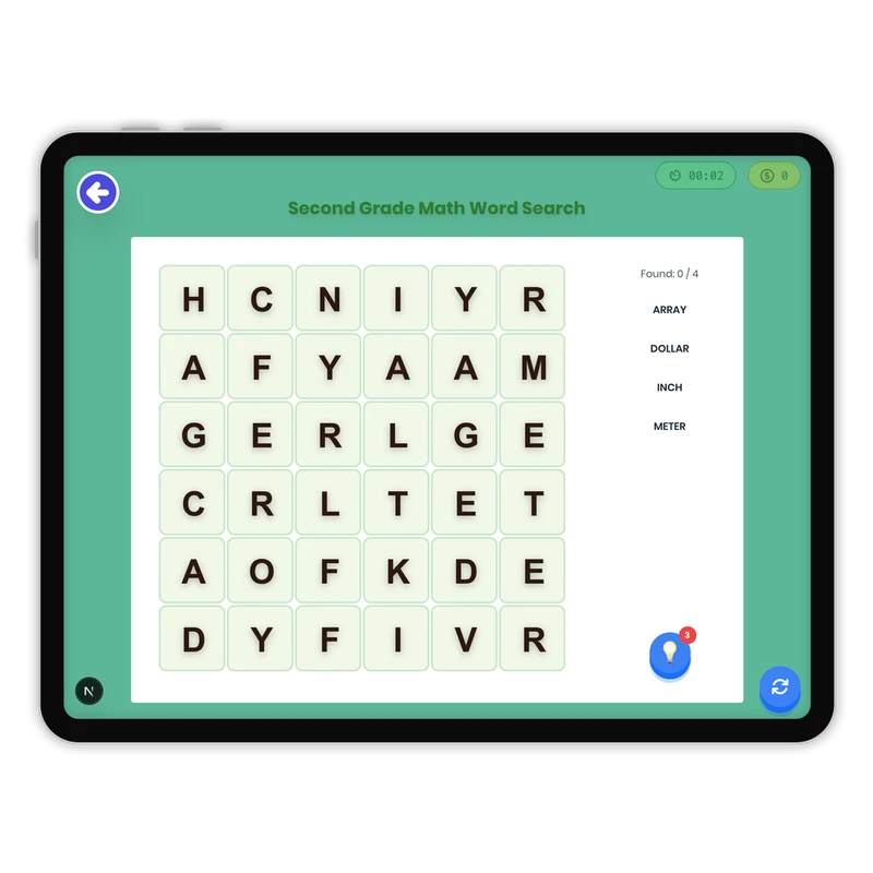 Second Grade Math Word Search — ela game for Grade K, Grade 1, Grade 2, Grade 3, Grade 4, Grade 5, Grade 6, Grade 7, Grade 8, page 1 of 1