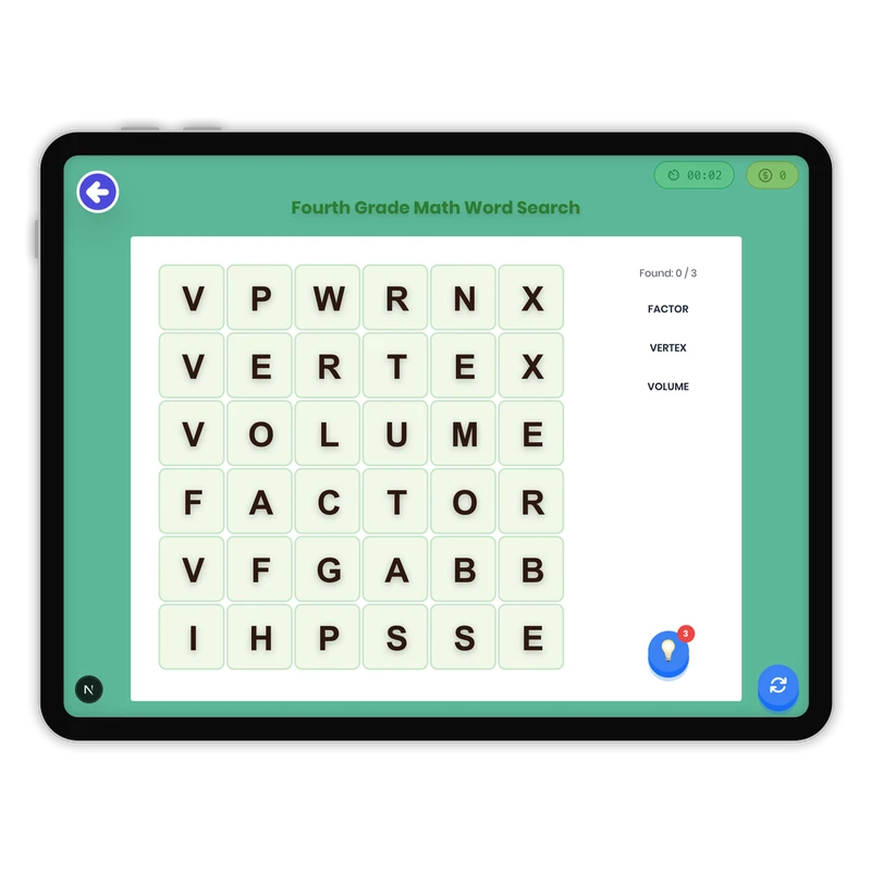 Fourth Grade Math Word Search — ela game for Grade K, Grade 1, Grade 2, Grade 3, Grade 4, Grade 5, Grade 6, Grade 7, Grade 8, page 1 of 1