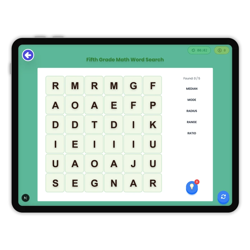 Fifth Grade Math Word Search — ela game for Grade K, Grade 1, Grade 2, Grade 3, Grade 4, Grade 5, Grade 6, Grade 7, Grade 8, page 1 of 1