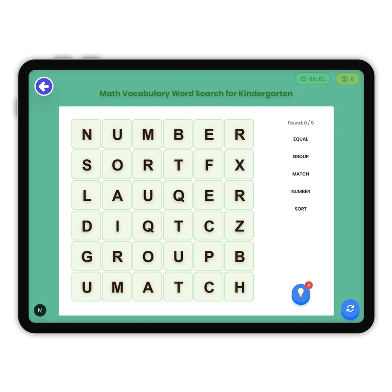 Math Vocabulary Word Search for Kindergarten — ela game for Grade K, Grade 1, Grade 2, Grade 3, Grade 4, Grade 5, Grade 6, Grade 7, Grade 8, page 1 of 1