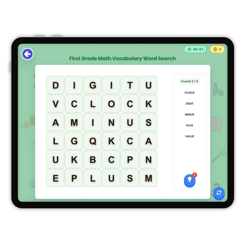 First Grade Math Vocabulary Word Search — ela game for Grade K, Grade 1, Grade 2, Grade 3, Grade 4, Grade 5, Grade 6, Grade 7, Grade 8, page 1 of 1