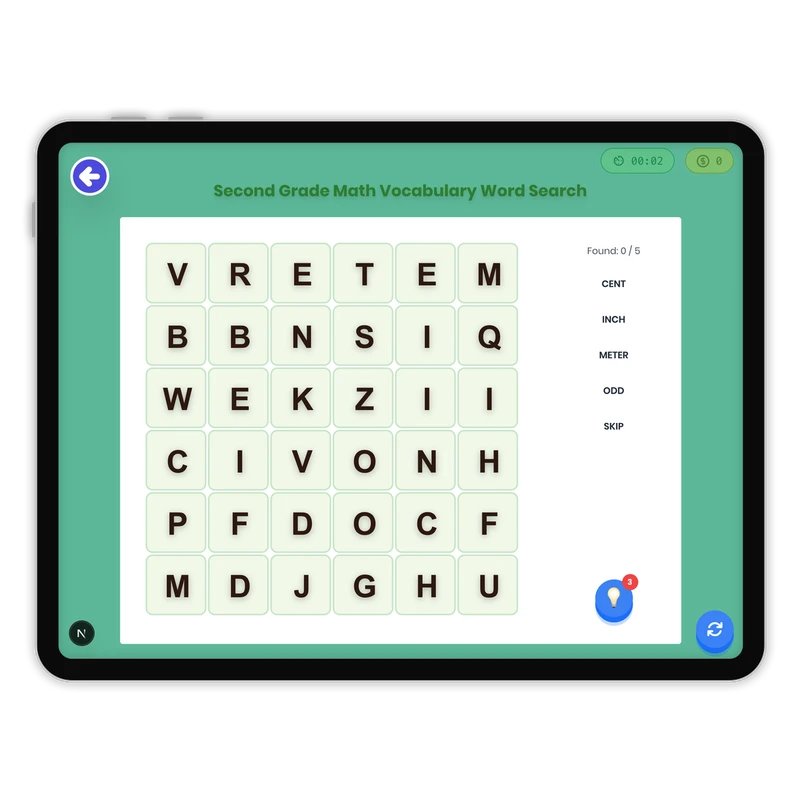 Second Grade Math Vocabulary Word Search — ela game for Grade K, Grade 1, Grade 2, Grade 3, Grade 4, Grade 5, Grade 6, Grade 7, Grade 8, page 1 of 1