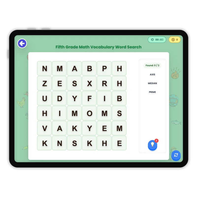 Fifth Grade Math Vocabulary Word Search — ela game for Grade K, Grade 1, Grade 2, Grade 3, Grade 4, Grade 5, Grade 6, Grade 7, Grade 8, page 1 of 1