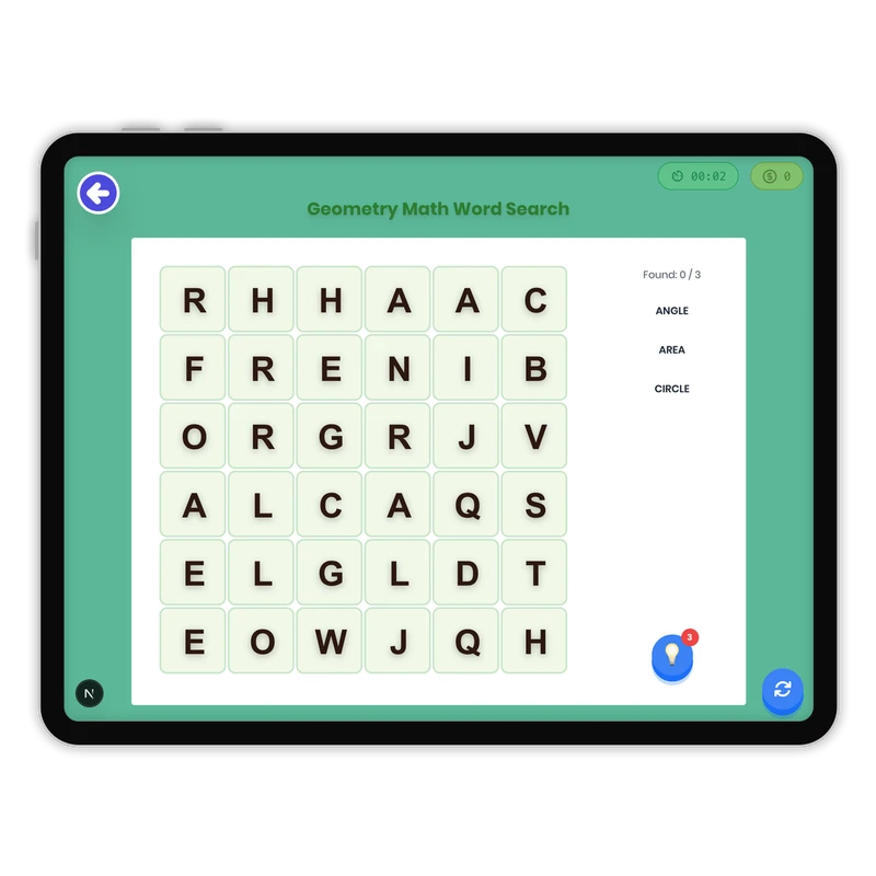 Geometry Math Word Search — ela game for Grade K, Grade 1, Grade 2, Grade 3, Grade 4, Grade 5, Grade 6, Grade 7, Grade 8, page 1 of 1