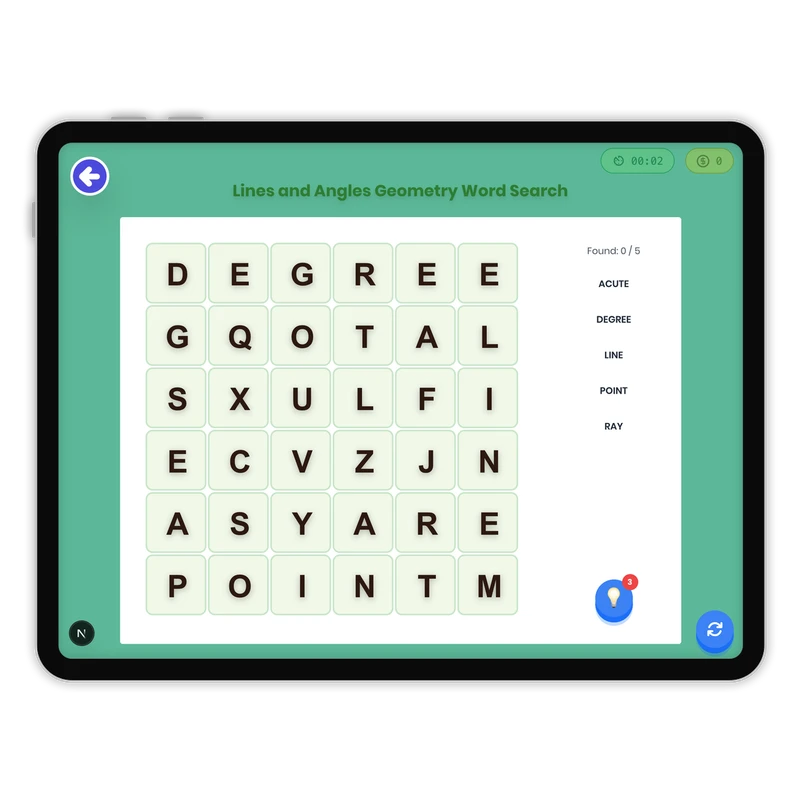 Lines and Angles Geometry Word Search — ela game for Grade K, Grade 1, Grade 2, Grade 3, Grade 4, Grade 5, Grade 6, Grade 7, Grade 8, page 1 of 1