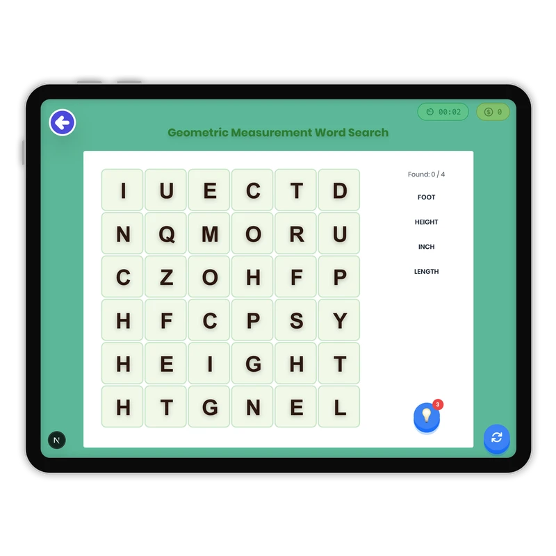 Geometric Measurement Word Search — ela game for Grade K, Grade 1, Grade 2, Grade 3, Grade 4, Grade 5, Grade 6, Grade 7, Grade 8, page 1 of 1