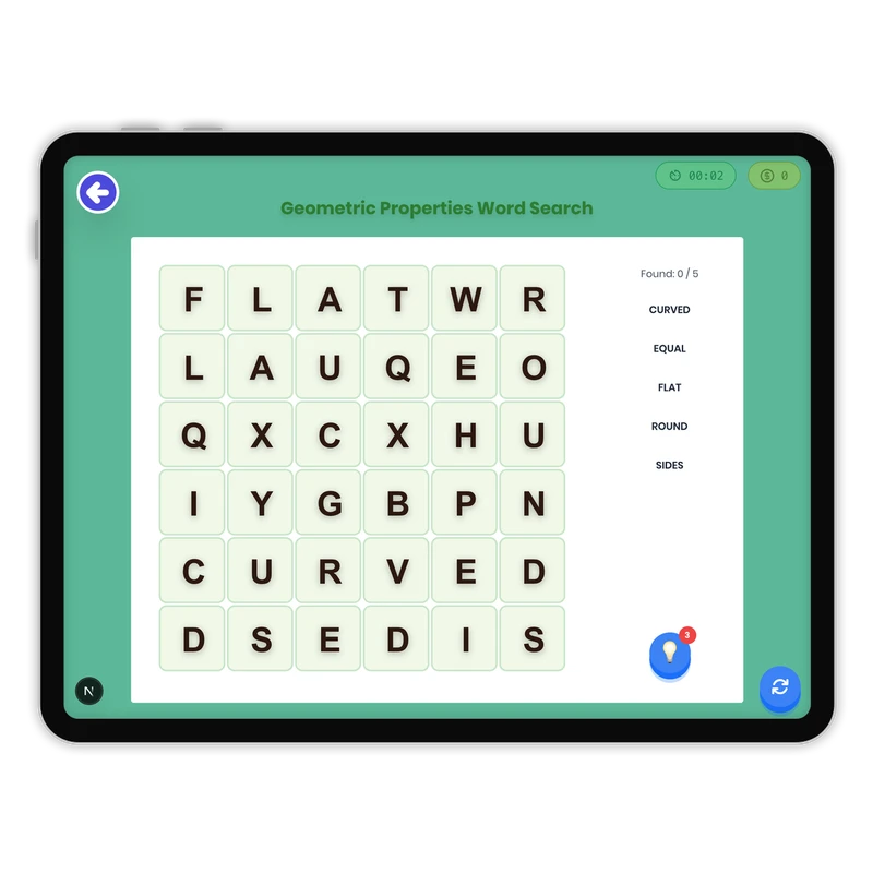 Geometric Properties Word Search — ela game for Grade K, Grade 1, Grade 2, Grade 3, Grade 4, Grade 5, Grade 6, Grade 7, Grade 8, page 1 of 1