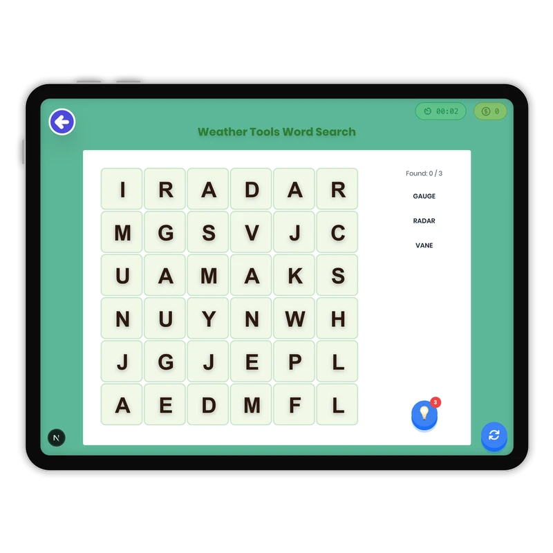 Weather Tools Word Search — ela game for Grade K, Grade 1, Grade 2, Grade 3, Grade 4, Grade 5, Grade 6, Grade 7, Grade 8, page 1 of 1
