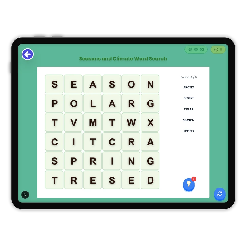 Seasons and Climate Word Search — ela game for Grade K, Grade 1, Grade 2, Grade 3, Grade 4, Grade 5, Grade 6, Grade 7, Grade 8, page 1 of 1