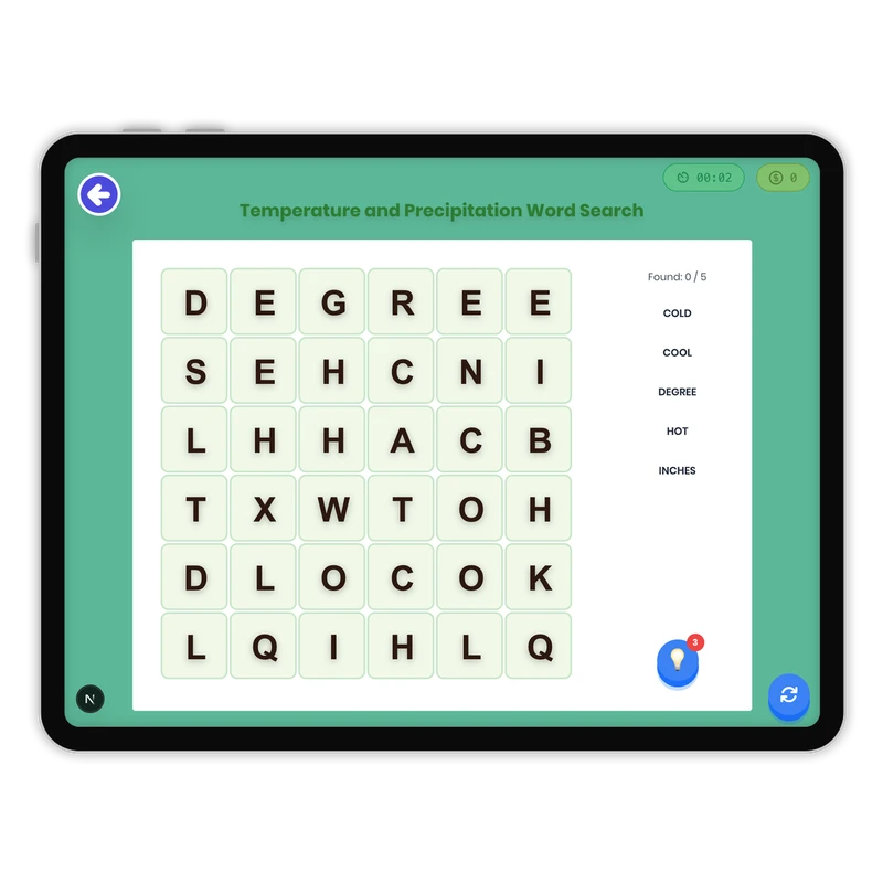 Temperature and Precipitation Word Search — ela game for Grade K, Grade 1, Grade 2, Grade 3, Grade 4, Grade 5, Grade 6, Grade 7, Grade 8, page 1 of 1