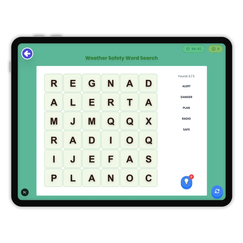 Weather Safety Word Search — ela game for Grade K, Grade 1, Grade 2, Grade 3, Grade 4, Grade 5, Grade 6, Grade 7, Grade 8, page 1 of 1