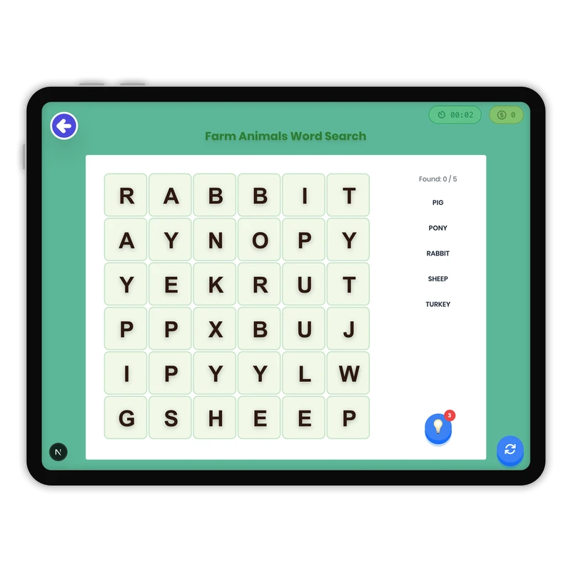 Farm Animals Word Search — ela game for Grade K, Grade 1, Grade 2, Grade 3, Grade 4, Grade 5, Grade 6, Grade 7, Grade 8, page 1 of 1