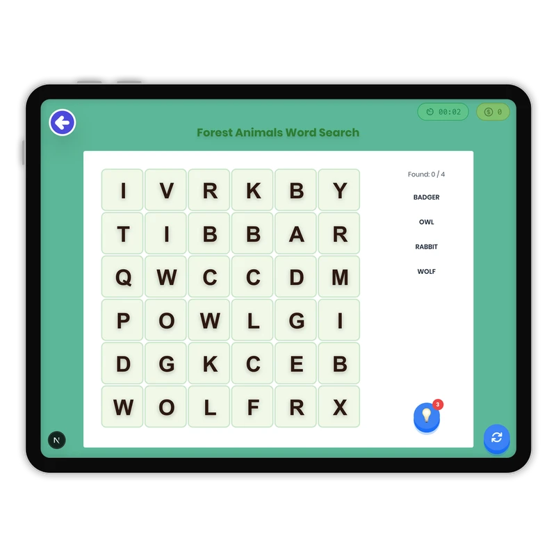 Forest Animals Word Search — ela game for Grade K, Grade 1, Grade 2, Grade 3, Grade 4, Grade 5, Grade 6, Grade 7, Grade 8, page 1 of 1