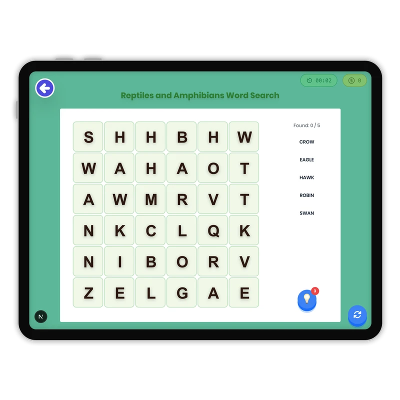 Reptiles and Amphibians Word Search — ela game for Grade K, Grade 1, Grade 2, Grade 3, Grade 4, Grade 5, Grade 6, Grade 7, Grade 8, page 1 of 1