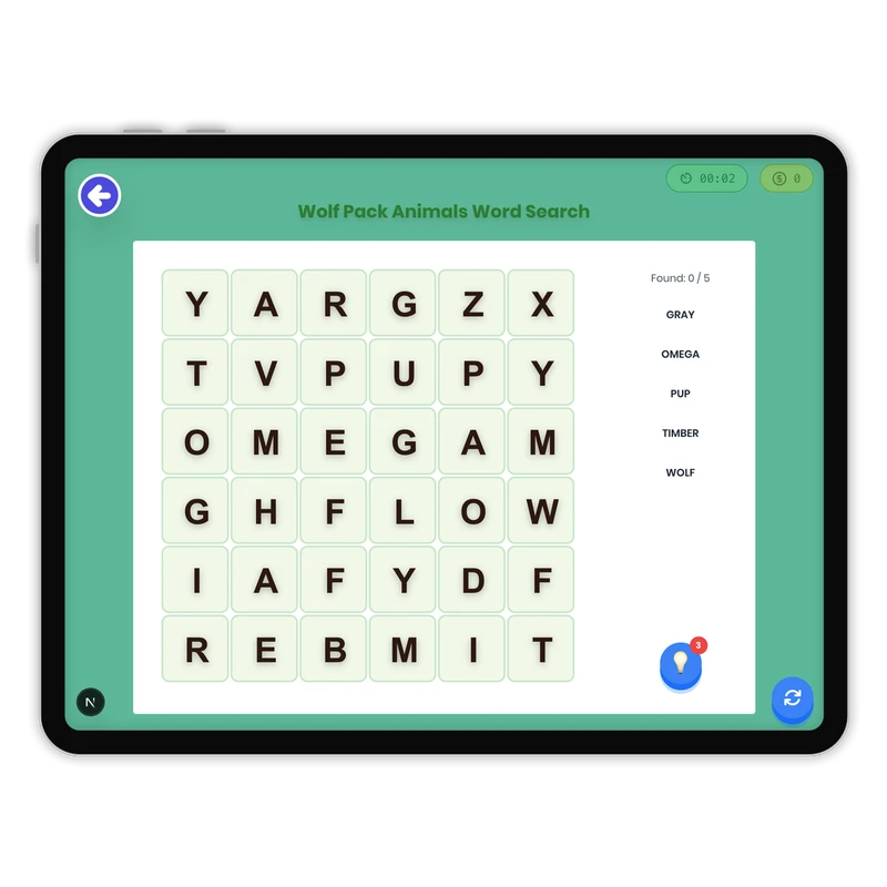 Wolf Pack Animals Word Search — ela game for Grade K, Grade 1, Grade 2, Grade 3, Grade 4, Grade 5, Grade 6, Grade 7, Grade 8, page 1 of 1