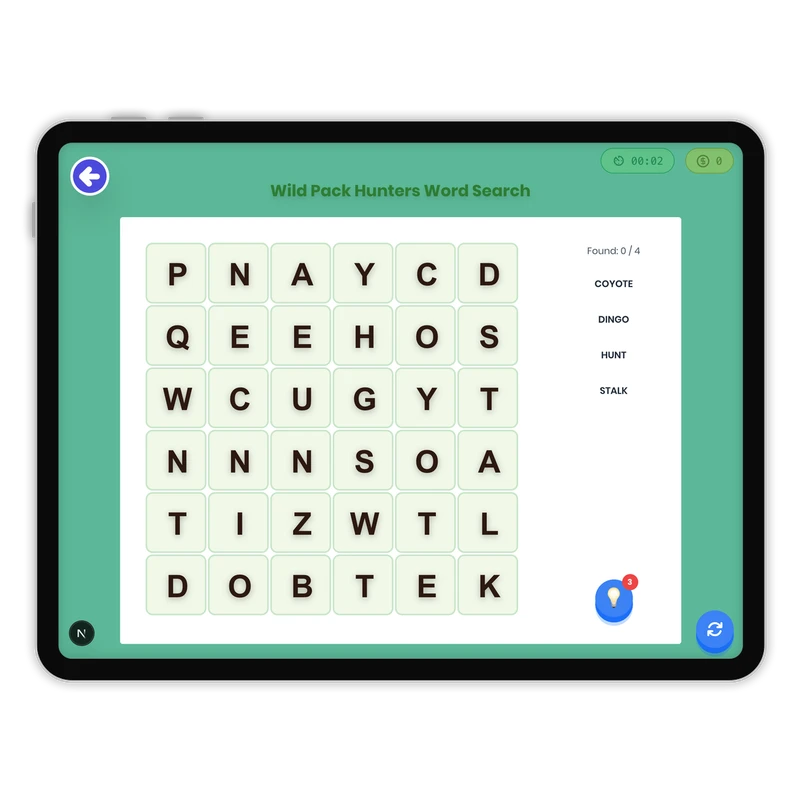 Wild Pack Hunters Word Search — ela game for Grade K, Grade 1, Grade 2, Grade 3, Grade 4, Grade 5, Grade 6, Grade 7, Grade 8, page 1 of 1
