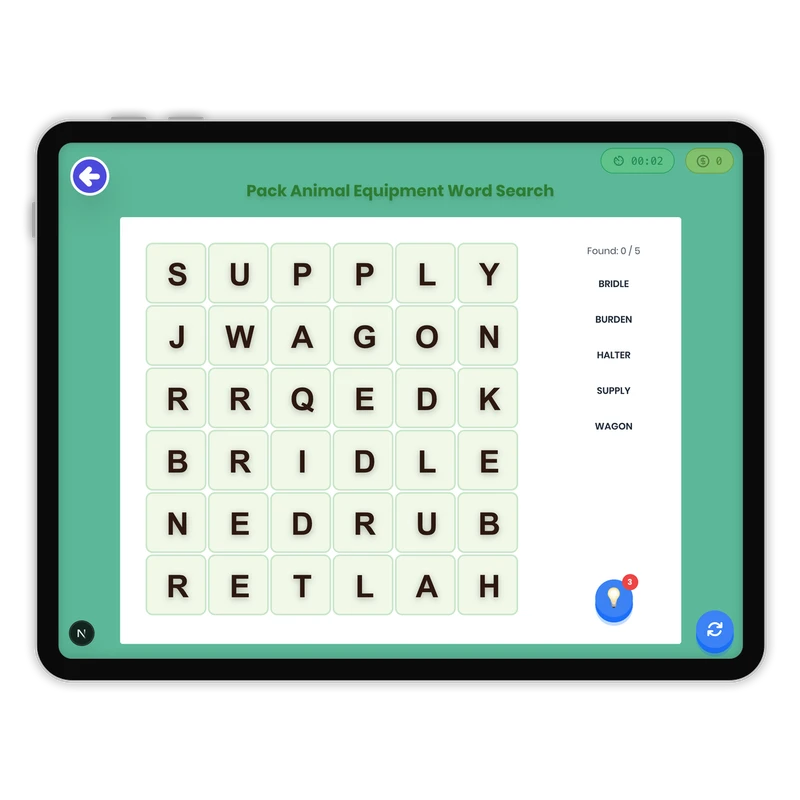 Pack Animal Equipment Word Search — ela game for Grade K, Grade 1, Grade 2, Grade 3, Grade 4, Grade 5, Grade 6, Grade 7, Grade 8, page 1 of 1
