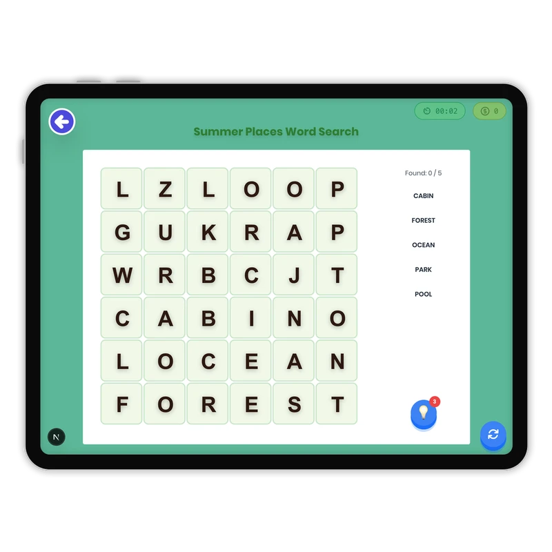 Summer Places Word Search — ela game for Grade K, Grade 1, Grade 2, Grade 3, Grade 4, Grade 5, Grade 6, Grade 7, Grade 8, page 1 of 1