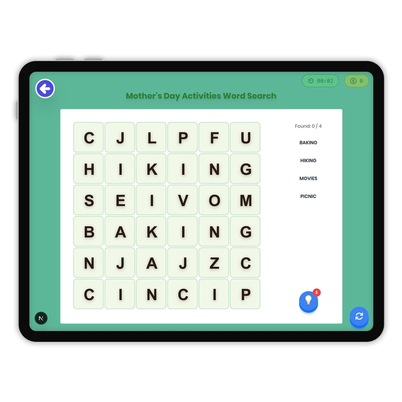 Mother's Day Activities Word Search — ela game for Grade K, Grade 1, Grade 2, Grade 3, Grade 4, Grade 5, Grade 6, Grade 7, Grade 8, page 1 of 1