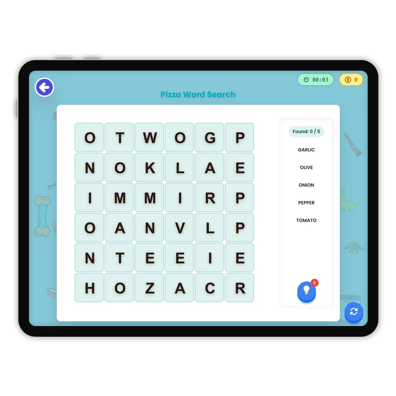Pizza Word Search — ela game for Grade K, Grade 1, Grade 2, Grade 3, Grade 4, Grade 5, Grade 6, Grade 7, Grade 8, page 1 of 1