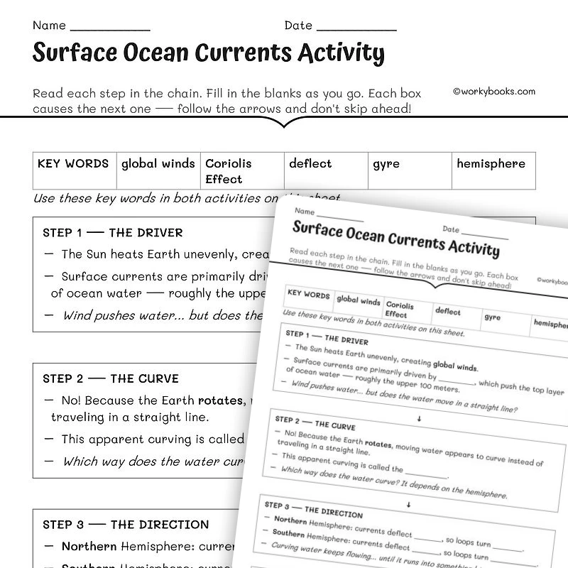 Surface Ocean Currents Activity — ela worksheet for Grade 5, Grade 6, Grade 7, Grade 8, page 1 of 1