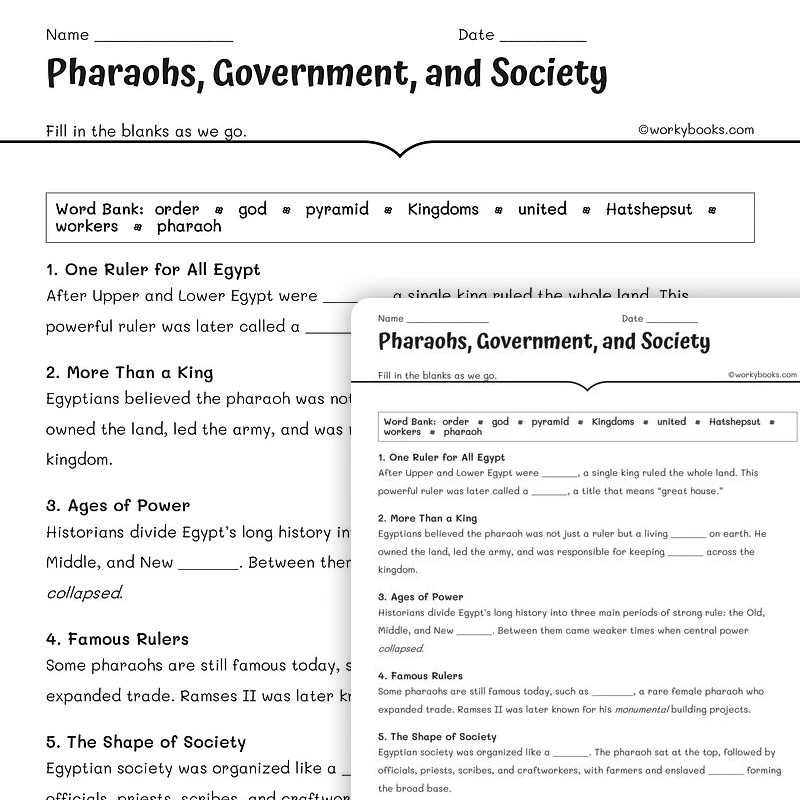 Pharaohs, Government, and Society — social-studies worksheet for Grade 5, Grade 6, Grade 7, Grade 8, page 1 of null