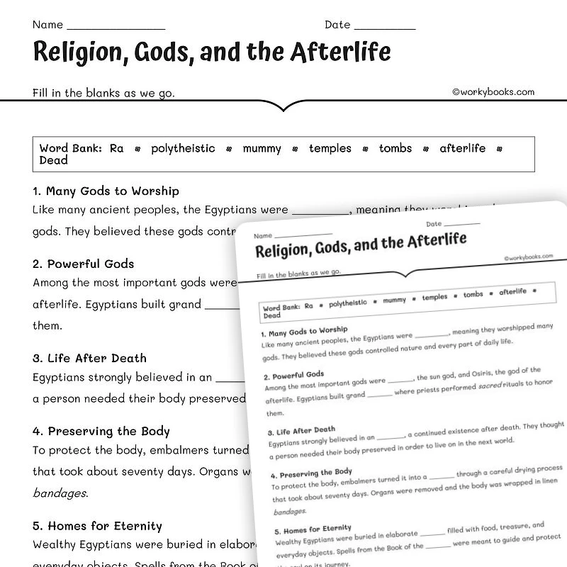 Religion, Gods, and the Afterlife — social-studies worksheet for Grade 5, Grade 6, Grade 7, Grade 8, page 1 of null