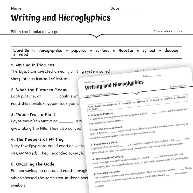 Writing and Hieroglyphics — social-studies worksheet for Grade 5, Grade 6, Grade 7, Grade 8, page 1 of null
