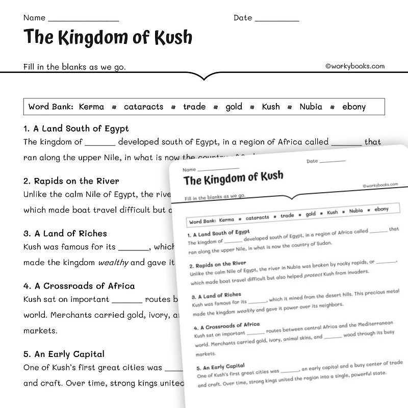 The Kingdom of Kush — social-studies worksheet for Grade 5, Grade 6, Grade 7, Grade 8, page 1 of null