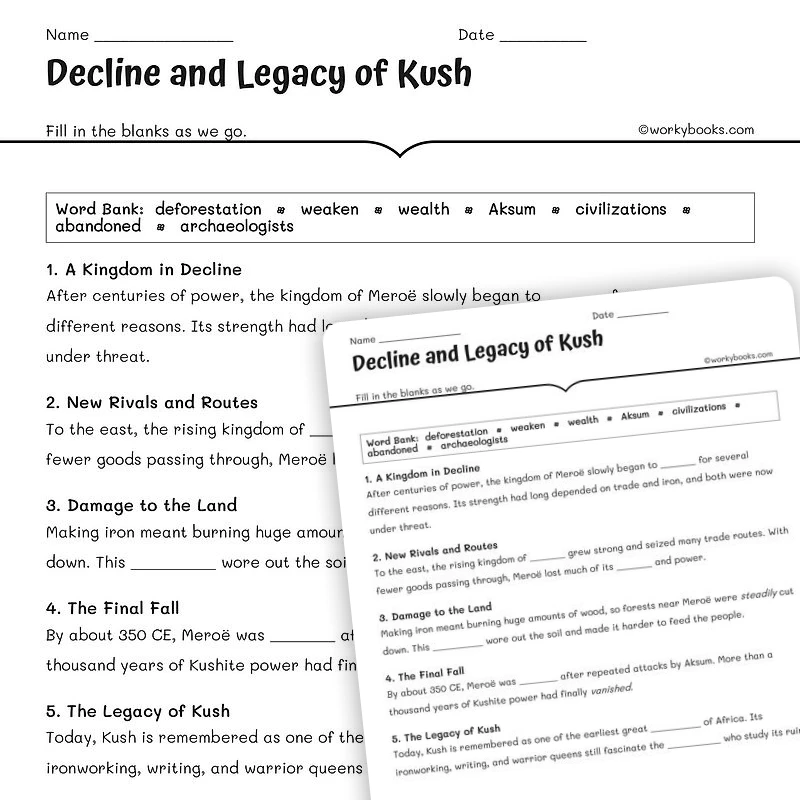 Decline and Legacy of Kush — social-studies worksheet for Grade 5, Grade 6, Grade 7, Grade 8, page 1 of null