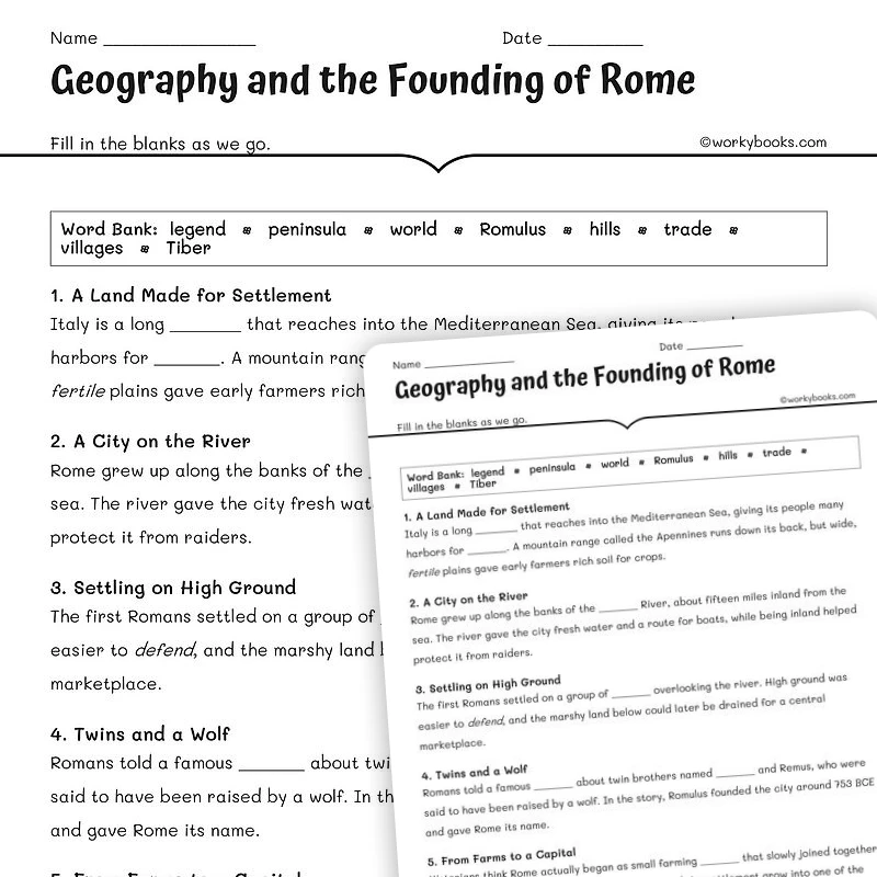 Geography and the Founding of Rome — social-studies worksheet for Grade 5, Grade 6, Grade 7, Grade 8, page 1 of null