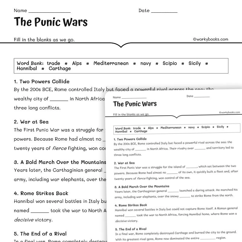 The Punic Wars — social-studies worksheet for Grade 5, Grade 6, Grade 7, Grade 8, page 1 of null