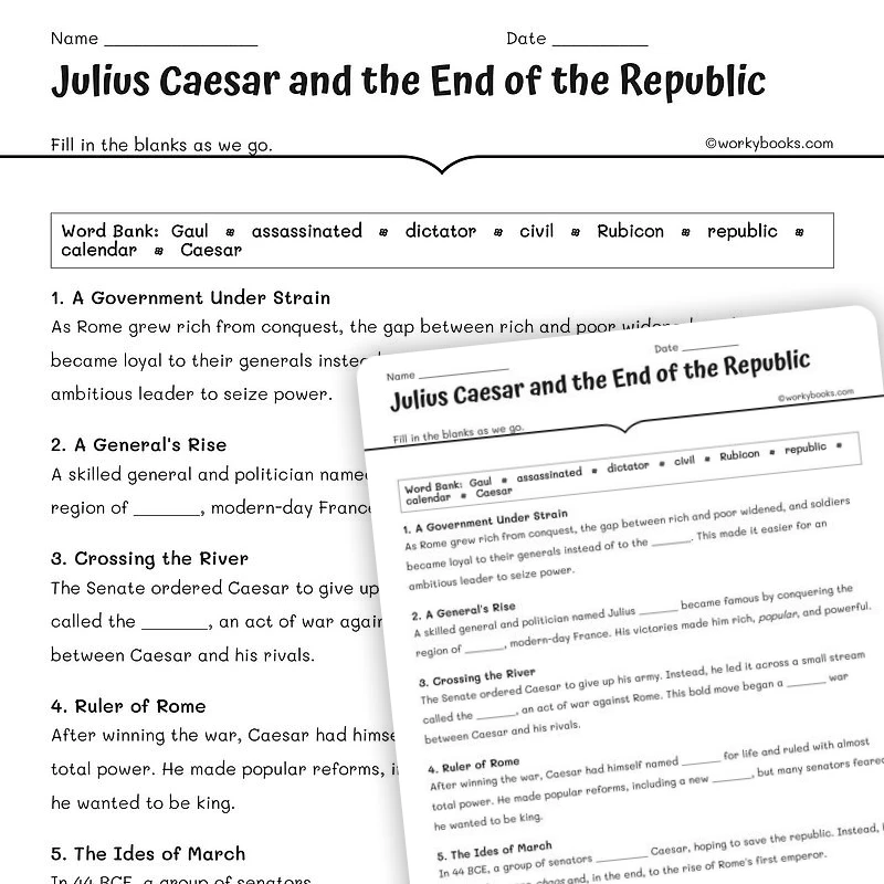 Julius Caesar and the End of the Republic — social-studies worksheet for Grade 5, Grade 6, Grade 7, Grade 8, page 1 of null