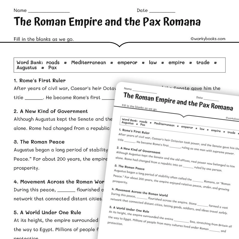 The Roman Empire and the Pax Romana — social-studies worksheet for Grade 5, Grade 6, Grade 7, Grade 8, page 1 of null