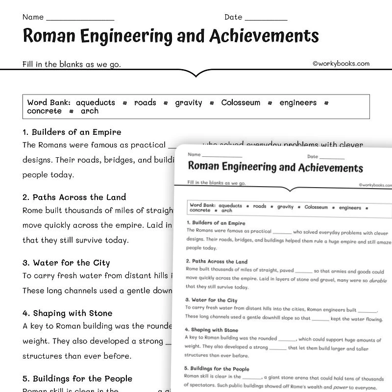 Roman Engineering and Achievements — science worksheet for Grade 5, Grade 6, Grade 7, Grade 8, page 1 of null